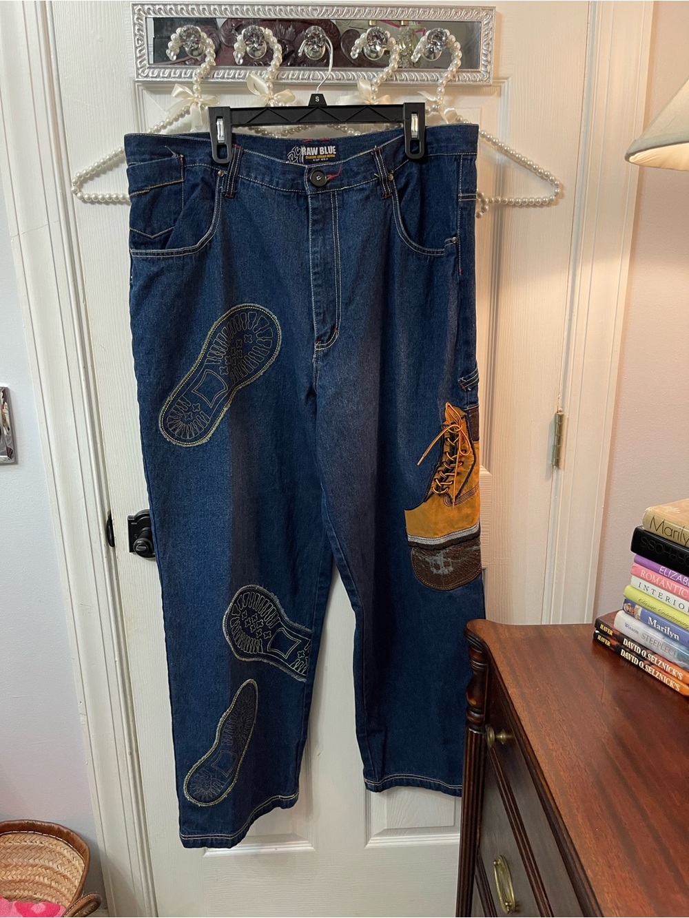 Y2K Raw Blue Timberland Boot Embroidered Baggy Dark Blue Embroidered Jeans 42x33